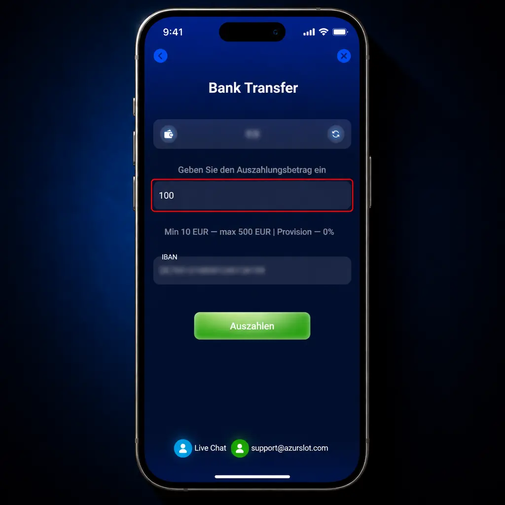 Smartphone-App zeigt Kasse zur Auszahlung in EUR mit Methode, Limit und Status im Transaktionsverlauf