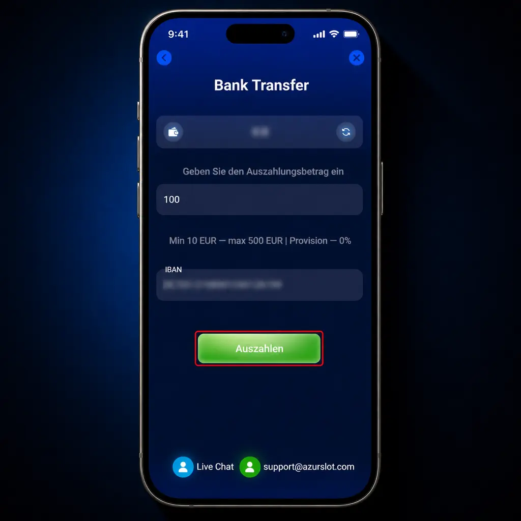 Schritte zur Auszahlung in der mobilen App über die Kasse mit Betrag, Limits und Transaktionsstatus