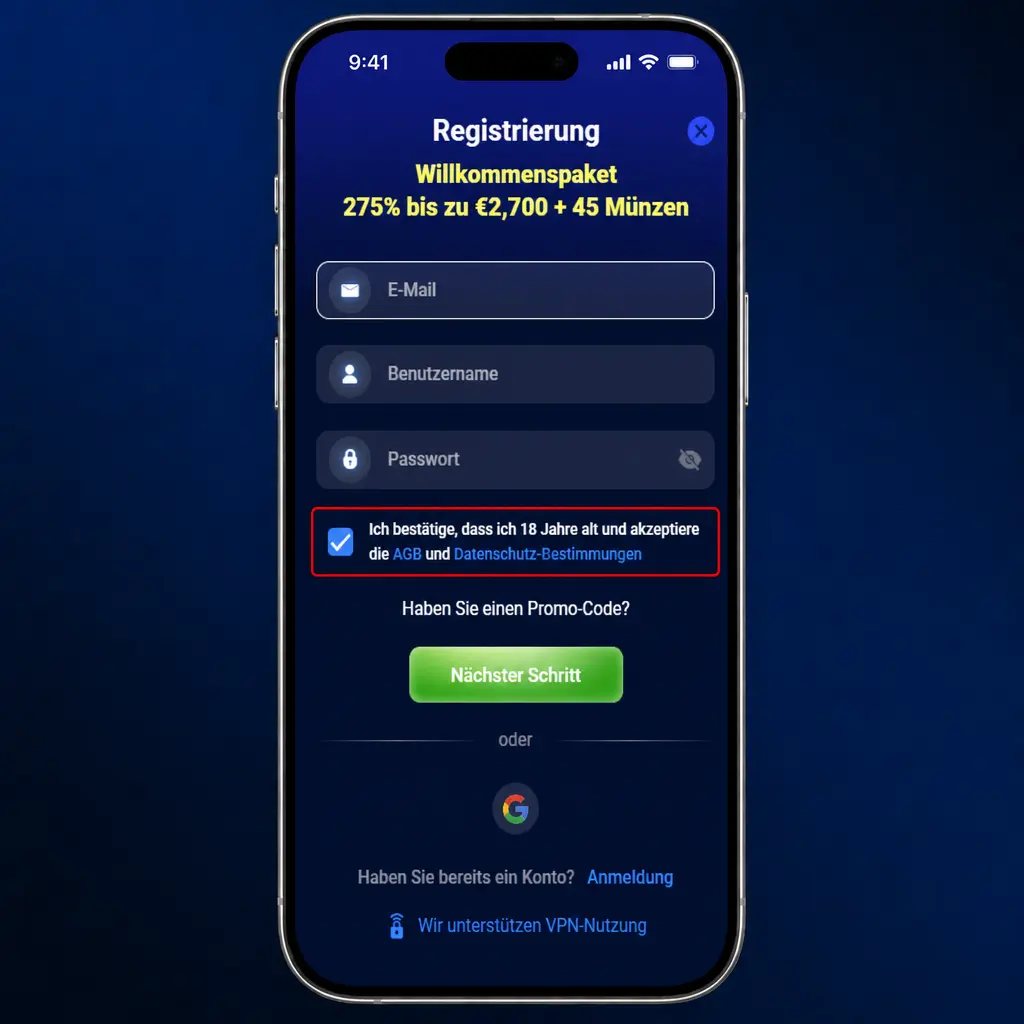Fünf Schritte zur Azurslot Registrierung mit E-Mail, Mobilnummer, Adressdaten und Verifizierung per Link oder SMS