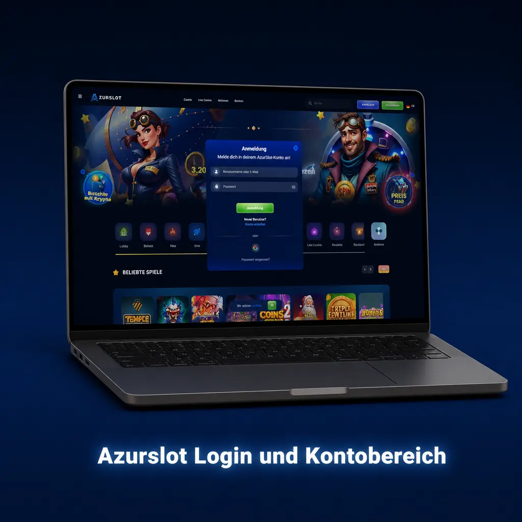 Azurslot Login und Kontobereich mit Profil, Guthaben, Bonusstatus, Transaktionen und Sicherheitsoptionen