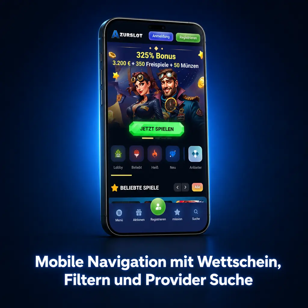Mobile Navigation mit Wettschein, Casino-Filtern und Provider-Suche in einer Wett-App