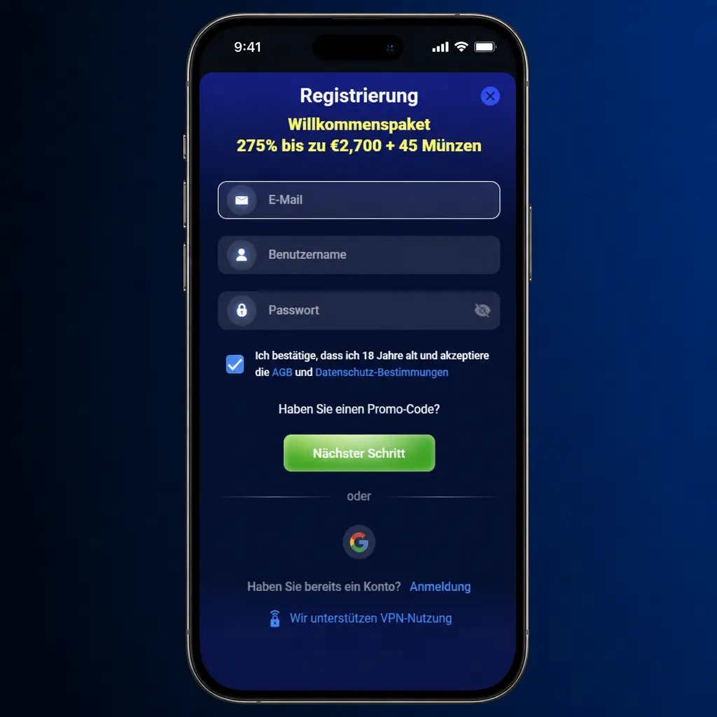 Smartphone zeigt App-Registrierung: Neues Spielerkonto erstellen, Daten eingeben und Konto bestätigen