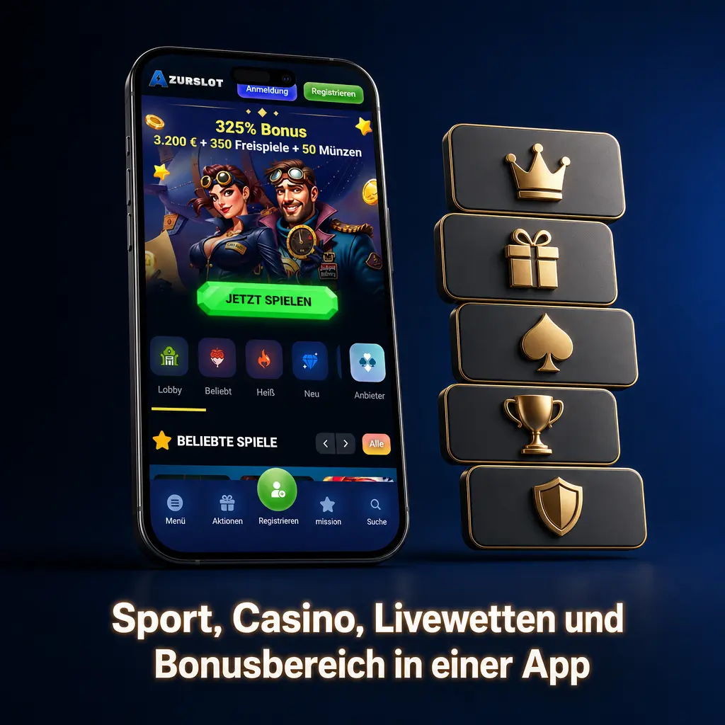 Mobile Wett-App mit Sportwetten, Livewetten, Casino, Bonusbereich, Kasse und Support auf dem Smartphone