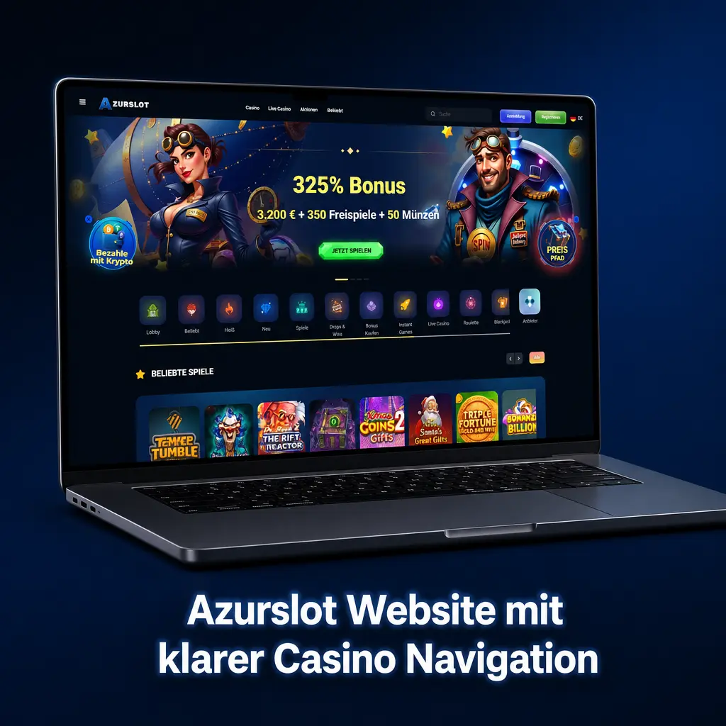 Azurslot Website mit dunkelblauer Casino-Navigation, Login, Kasse, Sportwetten und mobilem Menü