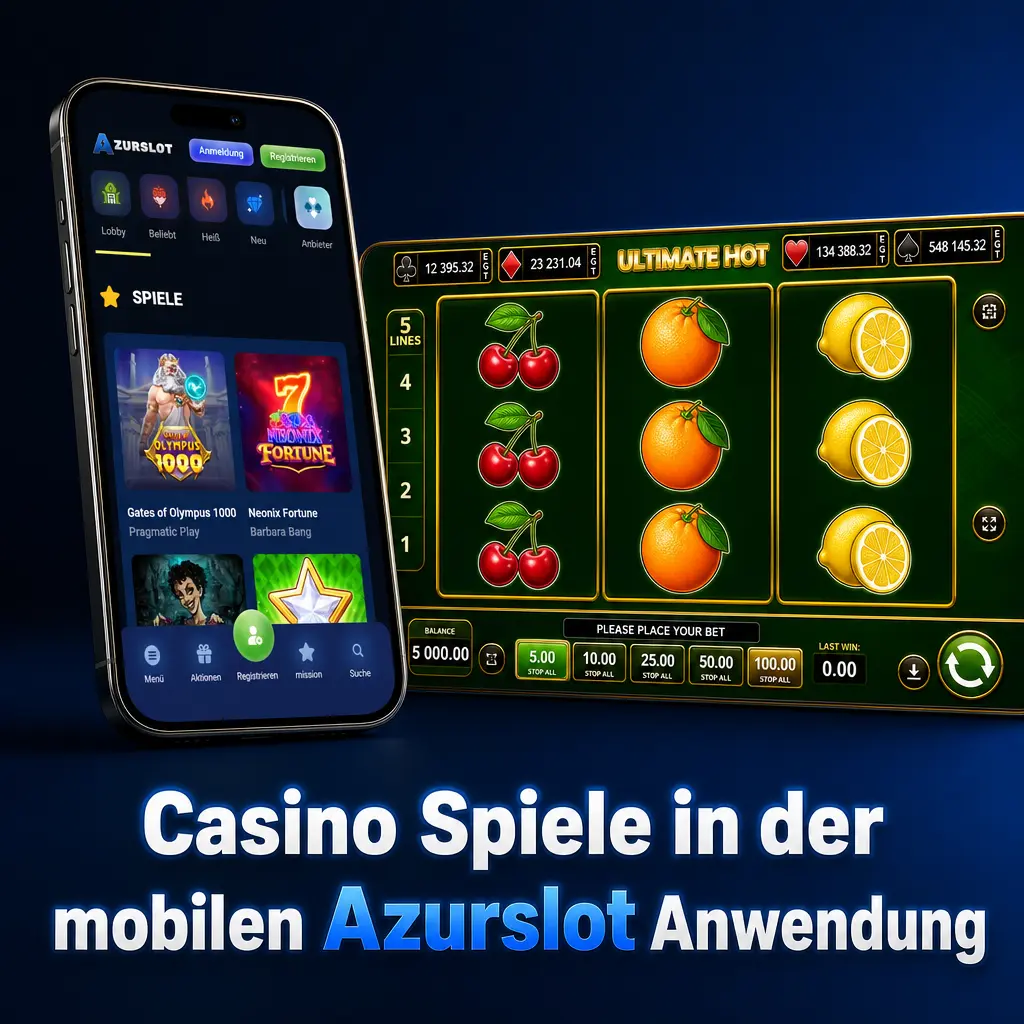 Azurslot Anwendung zeigt Casino Kategorien wie Slots, Live Casino, Tischspiele und Crash Games