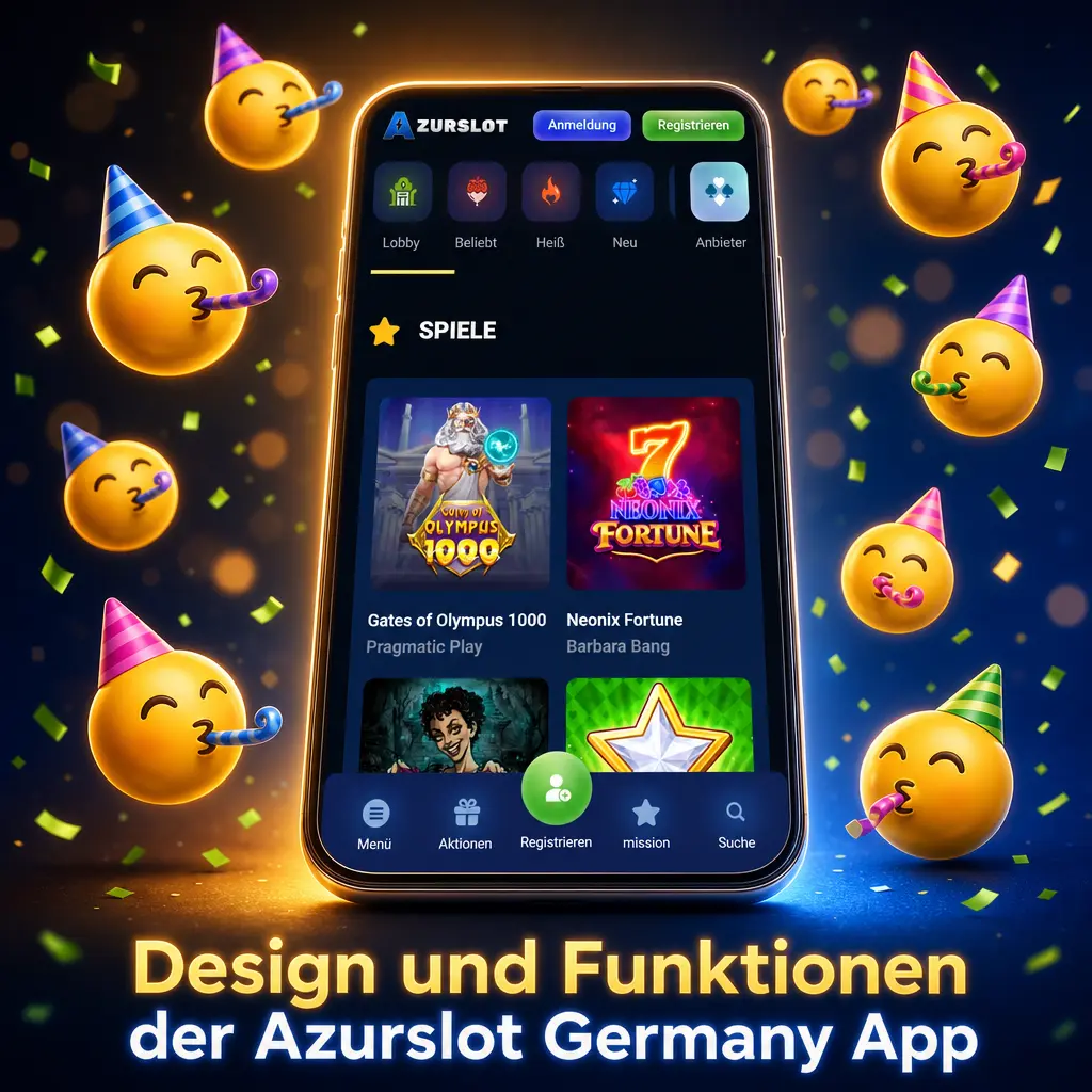 Azurslot Germany App mit dunklem Casino-Design, großen Kacheln für Sport, Casino, Kasse und mobile Navigation