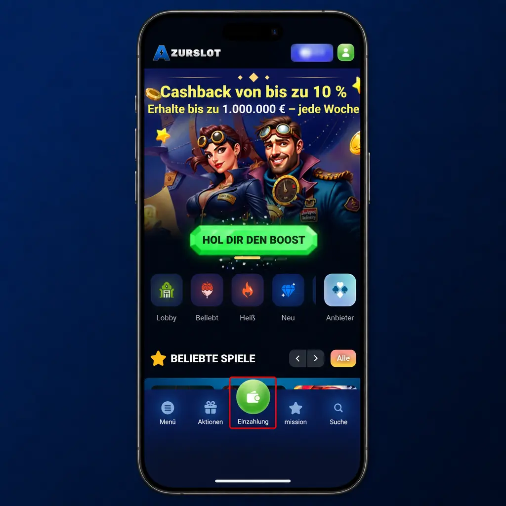 Azurslot App Einzahlung: Konto-Menü öffnen, Zahlungsmethode wählen und EUR-Betrag bestätigen