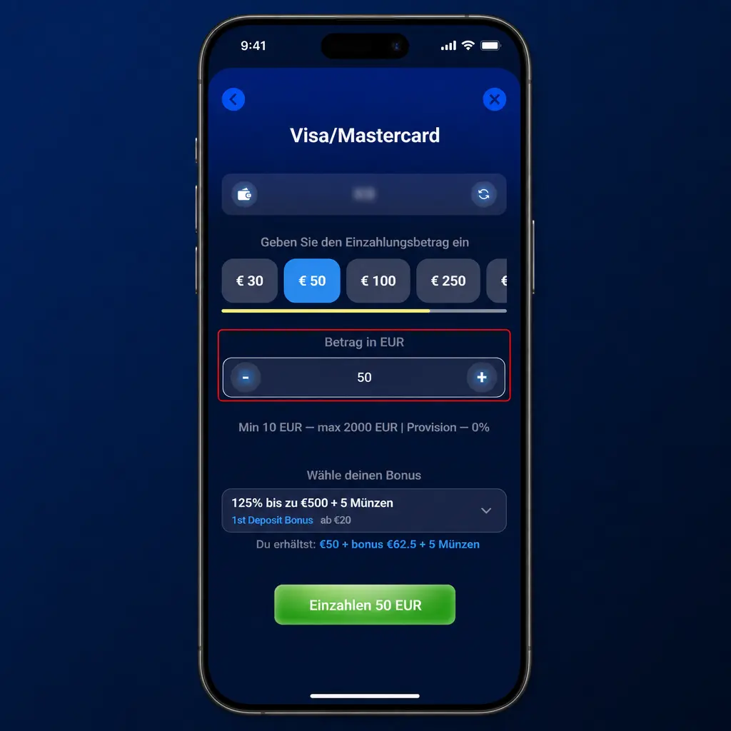 Einzahlung per Azurslot App: Zahlungsmethode wählen, EUR-Betrag eingeben und Freigabe bestätigen
