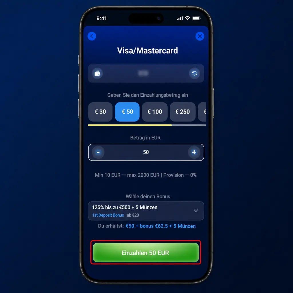 Azurslot App: Einzahlung im Konto-Menü auswählen und Zahlungsmethode für EUR-Betrag bestätigen